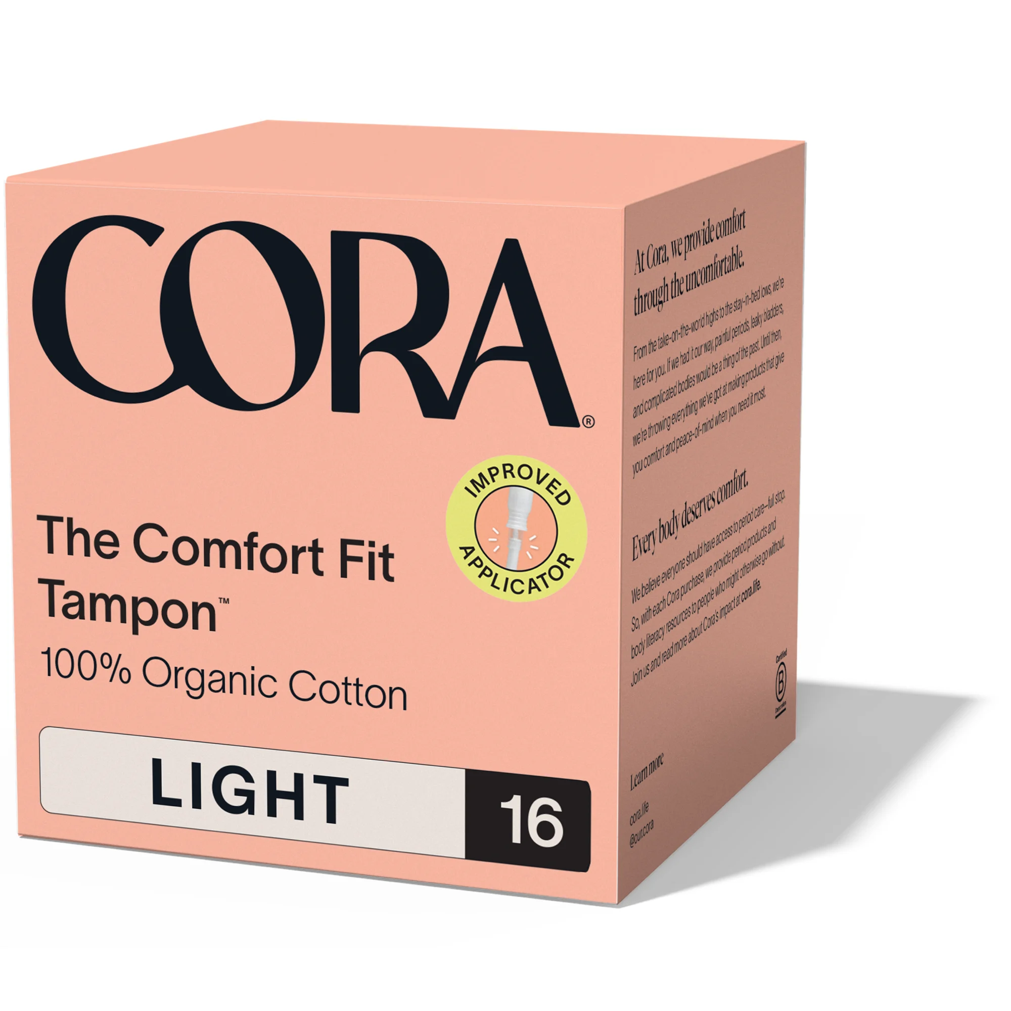 CoraThe Comfort Fit Tampon with Applicator – 100% Organic Cotton, BPA-Free Applicator
