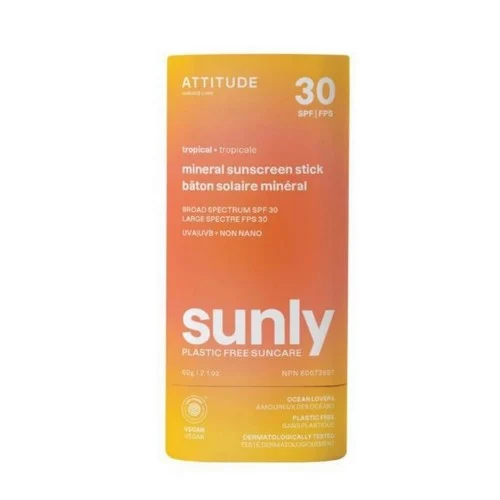 Tropical Mineral Sunscreen Stick SPF 30 Sunly Plastic Free 2.1 Oz by Attitude